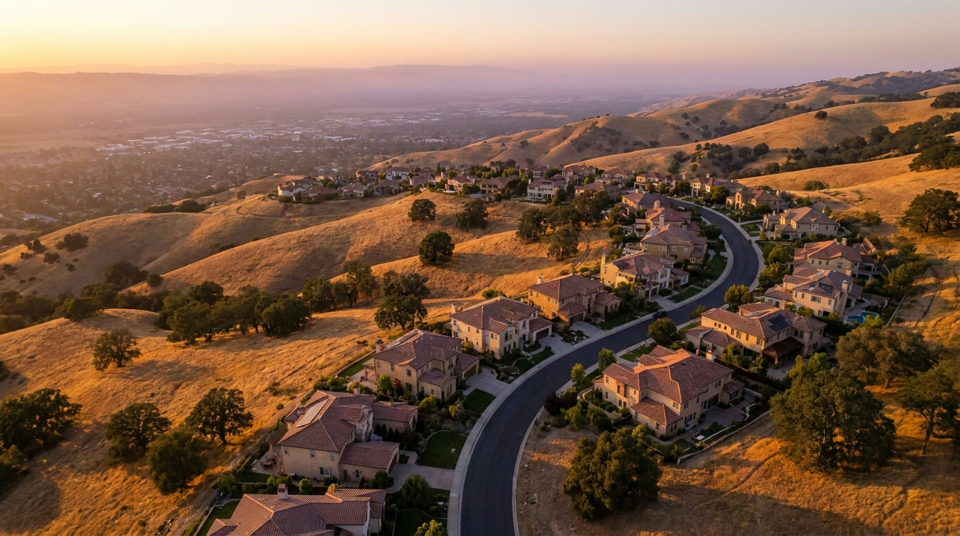 Aerial view of Bay Area hills at sunset