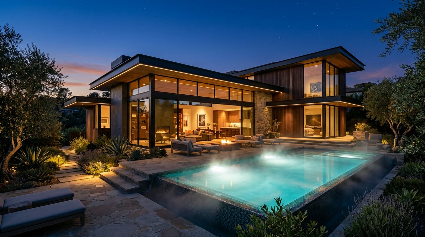 Luxury modern home at twilight with glowing pool
