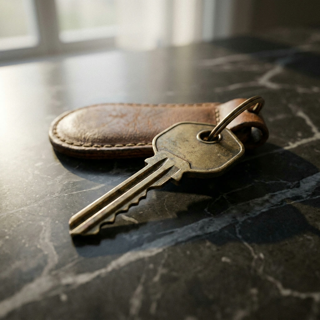 Brass house key on marble