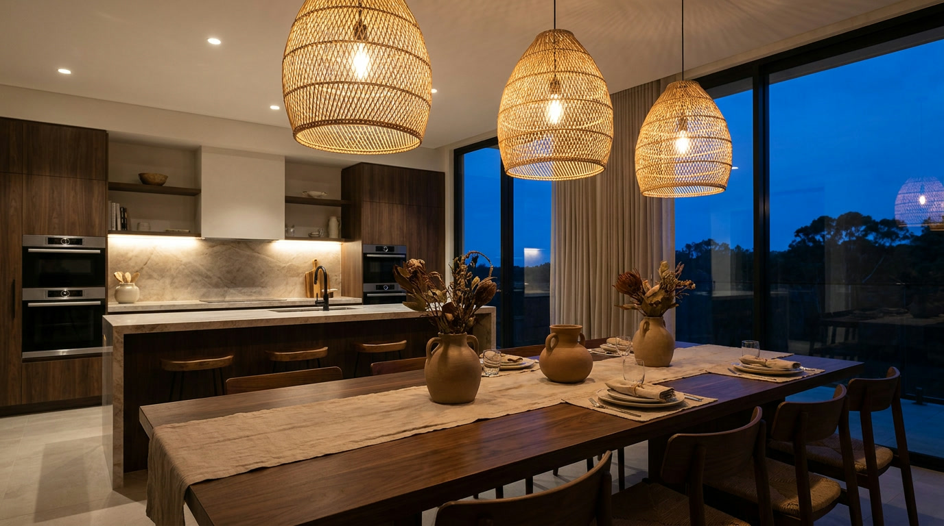 Warm kitchen and dining space at blue hour